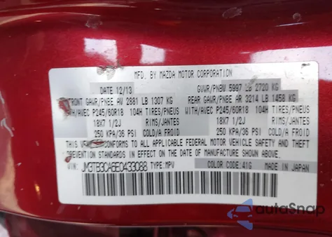 2014 Mazda Cx-9 Touring z USA, uszkodzony, nr VIN JM3TB3CA6E0433088